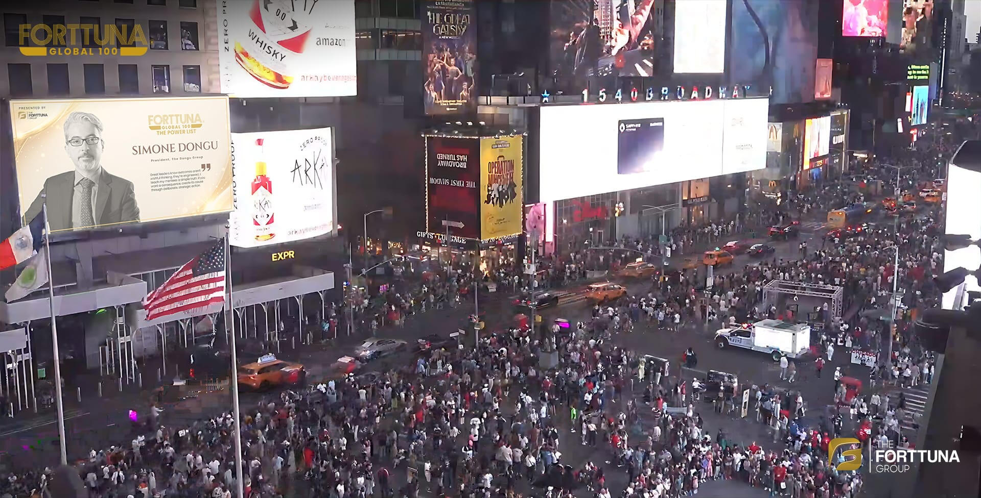 Times Square, New York, 5 July 2025 - Simone Dongu is announced as one of the the 100 Most Influential Leaders in the world